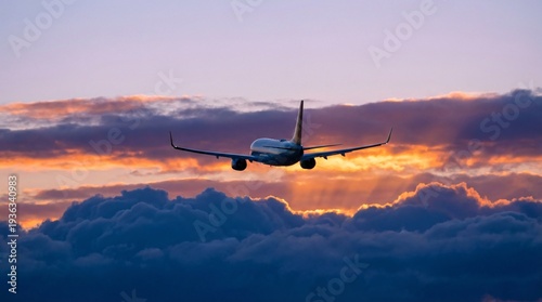 Spectacular Airplane Flying Above Clouds at Sunset with Golden Sunlight Breaking Through