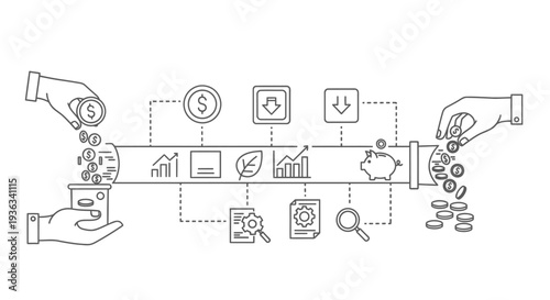Two pairs of hands move currency through a conceptual pipeline, symbolizing the flow of investment, savings, and financial review processes between collection and distribution points.
