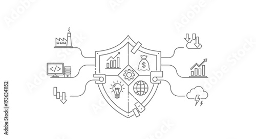 Outline drawing depicts a central security shield protecting digital assets, finance, and data integrity against various threats like downloads and market fluctuations.