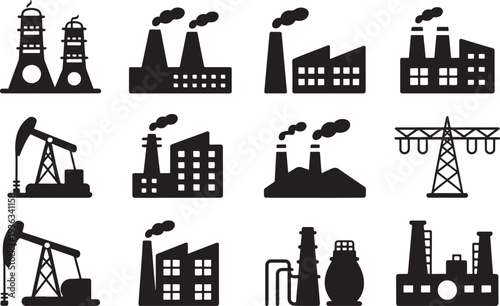 Set of industrial factory and power plant silhouettes with oil pump on transparent background