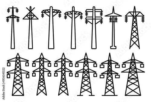 Electricity Pylons and Transmission Towers Vector Illustration