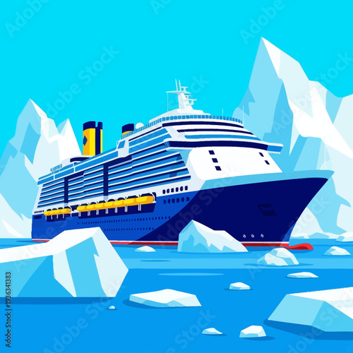 Luxury cruise ship navigating icy arctic waters with icebergs under blue sky