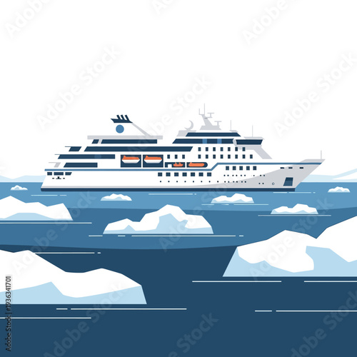Luxury cruise ship navigating through icy waters with icebergs