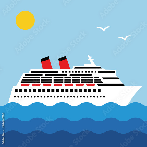 Luxury Cruise Ship Sailing on Sunny Day with Birds Flying Overhead