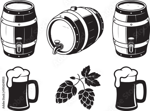 Beer icons set with wooden barrels, beer mugs and hops on transparent background