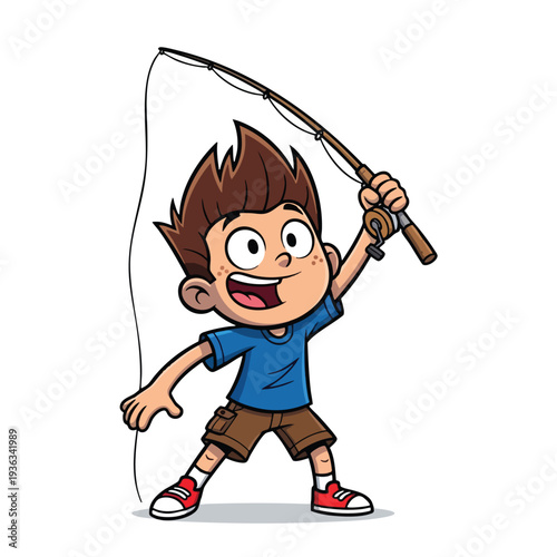 Joyful Young Boy Fishing with a Rod in Outdoors Summer Fun and Recreational Activity