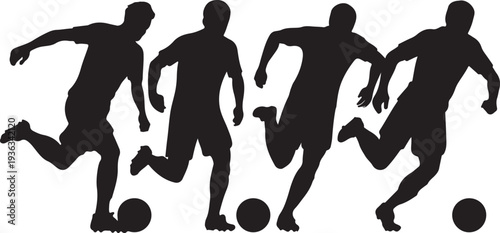 Four soccer players silhouettes in action dribbling football during competitive sports match game