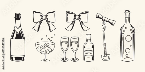 Celebratory drinkware and decorations in a simple black and white illustration