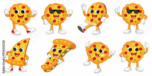Cartoon pizza slices with faces and limbs show various cheerful poses