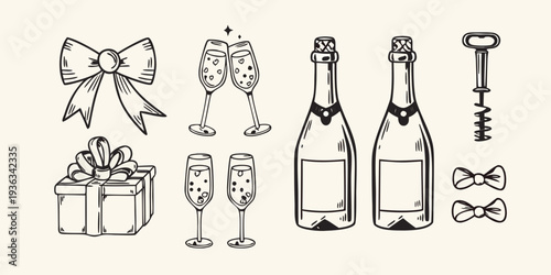 Celebratory doodles featuring champagne gifts and festive bows in black