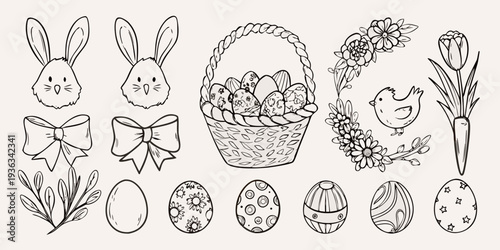 Whimsical easter illustration featuring bunnies eggs and spring florals
