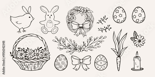 Hand drawn easter elements including bunnies eggs and floral wreaths