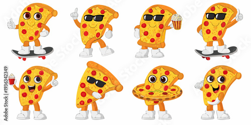 Animated pizza slices with human characteristics in various playful poses