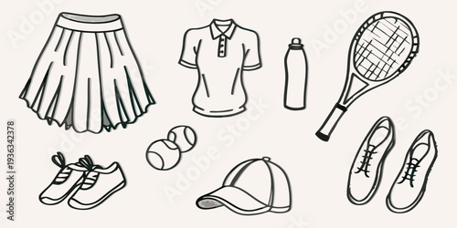 Line drawing of tennis apparel and equipment on a neutral background