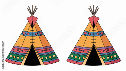 Vibrant colorful teepees with intricate patterns and feathers on white background for decoration