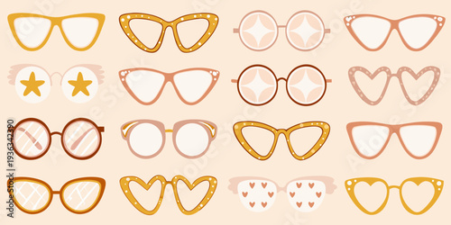 A collection of colorful uniquely shaped eyeglasses and sunglasses