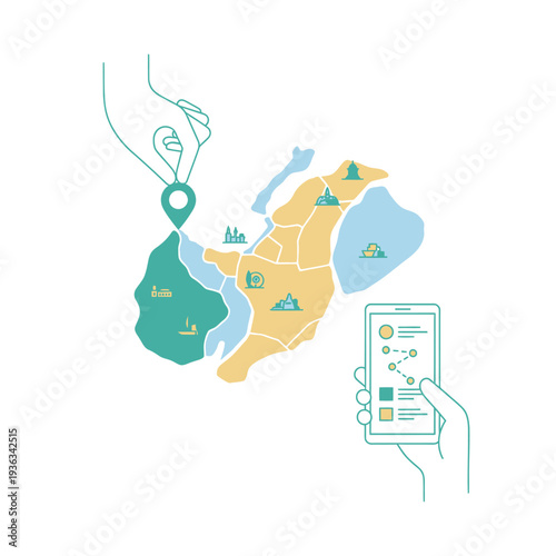 Planning a trip with a map and smartphone app, showing travel destinations and routes.