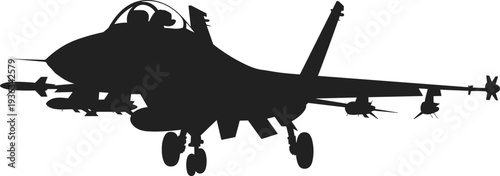 Black silhouette of modern fighter jet with missiles under wings and landing gear extended, side profile view featuring cockpit canopy and tail for military aviation defense graphics.