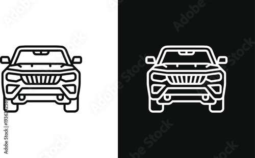 Black line art icon set of modern SUV front view with bold grille headlights bumper and rugged design in outline and filled silhouette for automotive transport graphics.