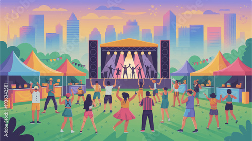 Vibrant festival crowd dancing at outdoor concert with city skyline background at sunset