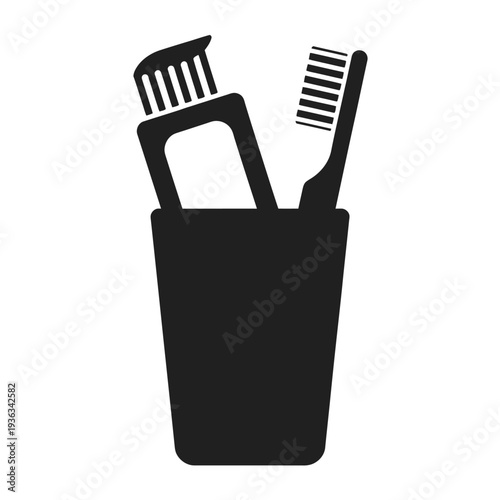 A black and white illustration of a toothbrush holder with two toothbrushes isolated on white background, Vector, illustration