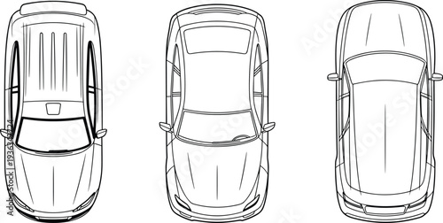 Technical blueprint line drawing of modern sedan car roof and top view outlines in multiple variations showing sunroof hood trunk and side mirrors for automotive design engineering illustrations.