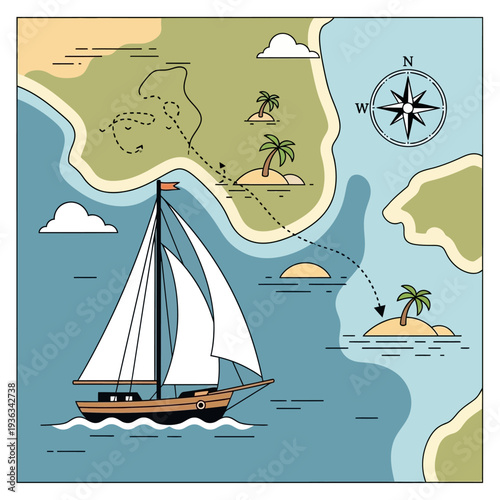 Sailing boat navigates through tropical islands on a vintage treasure map