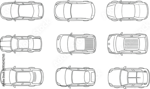 Technical blueprint line drawing set of modern sedan car top views in multiple design variations showing roof hood trunk sunroof and mirrors for automotive engineering illustrations.