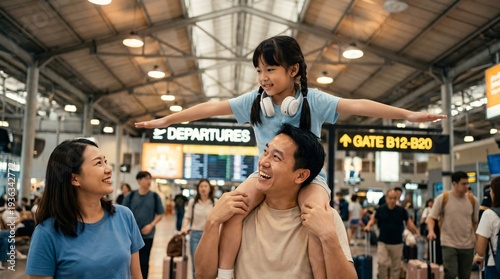 A happy family with a child on the father's shoulders, enjoying their travel at a bustling train station with departures board in the background