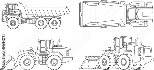Technical line drawing blueprint of heavy duty mining dump truck and wheel loader machinery showing multiple orthographic views side front top rear for engineering construction industry illustrations.
