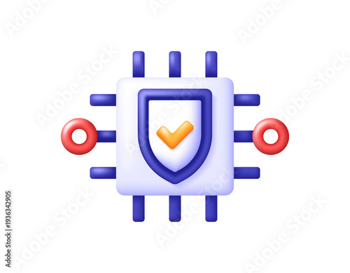 The concept of a security and protection system using AI. Artificial intelligence security software. Cybersecurity and antivirus. 3d style illustration of shield and component or chip symbols. Icon