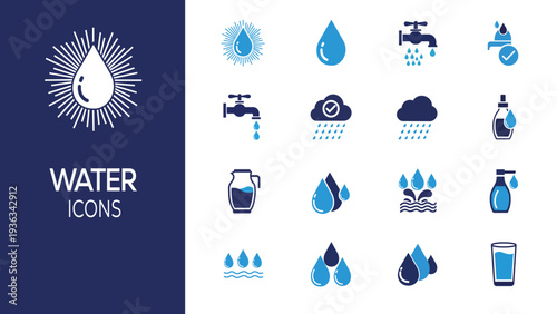 Water Drop and Supply Icon Set Hydration Tap Rain Vector Icons