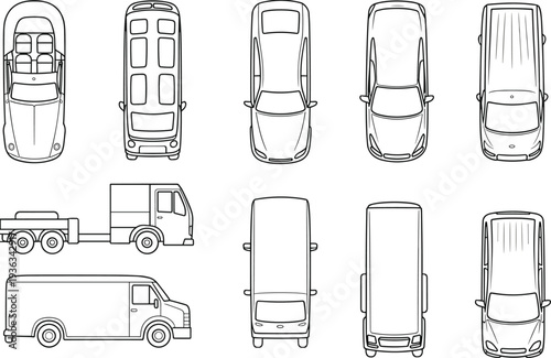 Technical line drawing blueprint set of various commercial delivery vans trucks minibus pickup and cargo vehicles top side and profile views for automotive transport logistics design illustrations.
