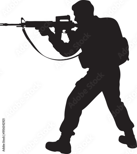 Soldier aiming rifle in combat stance during military operation on transparent background.