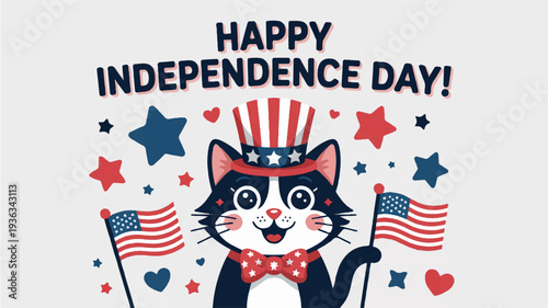 Patriotic cat in independence day hat with american flags and stars on white background