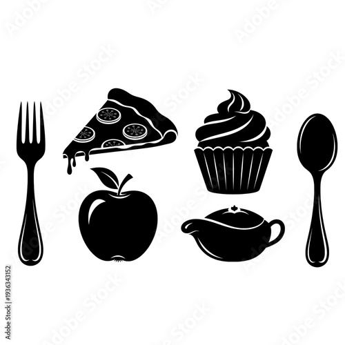 Culinary collection with AIzaSyBt9Gv6gOUh8bHyXCry6dSLTXbOASCwVHY pizza, cupcake, apple, and dining utensil silhouettes for menu and kitchen design