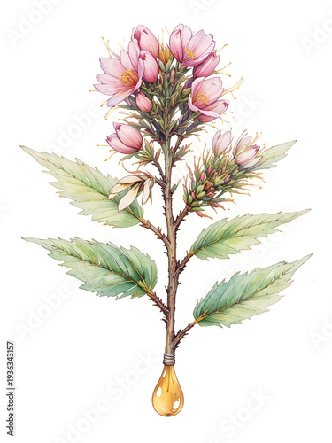 Watercolor Illustration of Bog Myrtle Twig with Essential Oil Drop, Medicinal Plant in Spring Bloom