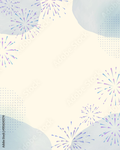 透明感がある青を基調とした配色の花火と水彩のあしらいの4:5背景素材
