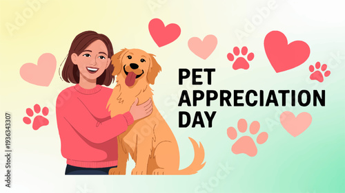 Woman hugging golden retriever dog on pet appreciation day with hearts and paws