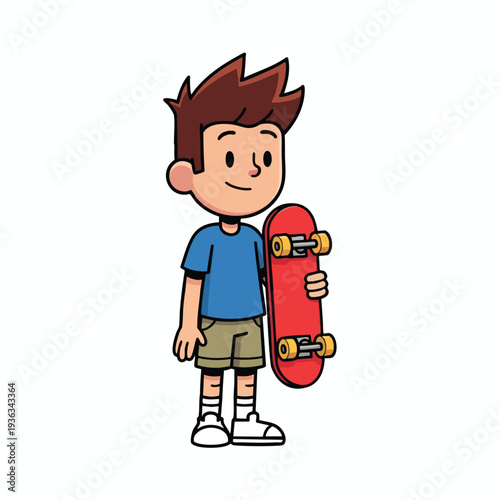 Cartoon boy holding skateboard smiling at viewer
