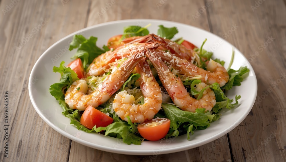 Fototapeta premium Shrimp and mixed greens salad on wood table; Caesar with shrimp