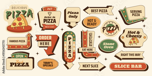 Retro pizza sticker roadsign set with fast food, signs, arrows and badges. Italian street food elements for menus, branding, posters. Vector illustration in vintage mid century 50s style