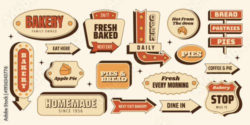 Retro bakery sticker roadsign set with signs, arrows and badges. Classic pastry elements for menus, branding, posters. Vector illustration in vintage mid century 50s style