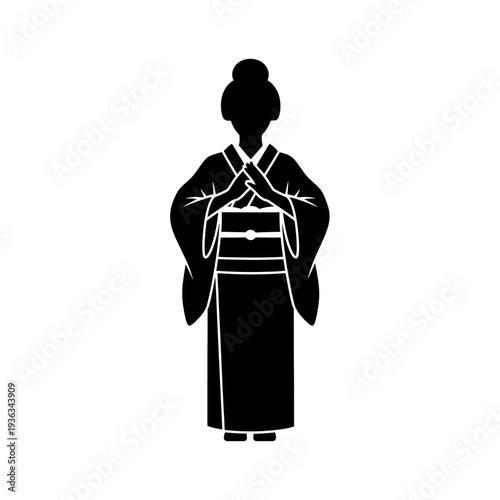 Japanese Woman in Traditional Kimono Bowing, Elegant Gesture, Cultural Symbol