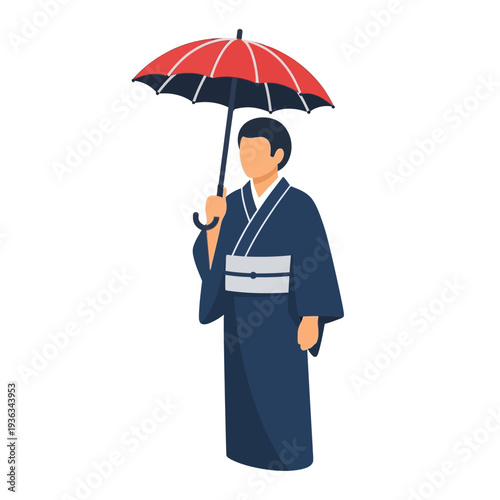 Man in Traditional Japanese Kimono Holding Red Umbrella on White Background