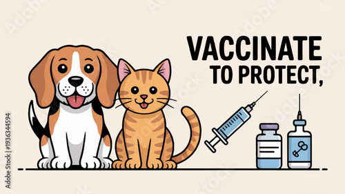 Beagle dog and orange cat sitting next to vaccination bottles and syringe promoting pet health and protection