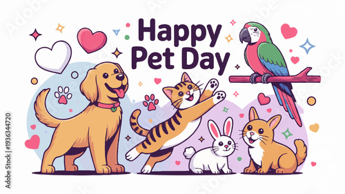 Happy pet day celebration with dog cat rabbit and parrot friends in colorful hearts