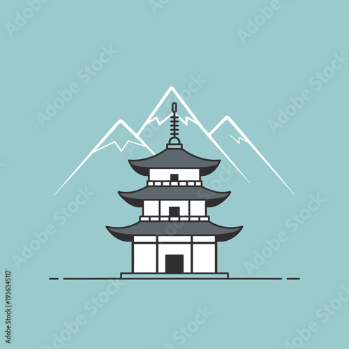 Pagoda Temple and Mountains, Traditional Japanese Architecture, Serene Landscape