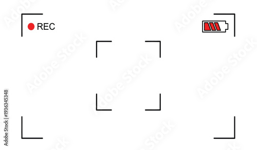 A graphic design element featuring a recording symbol and a battery icon with a red indicator