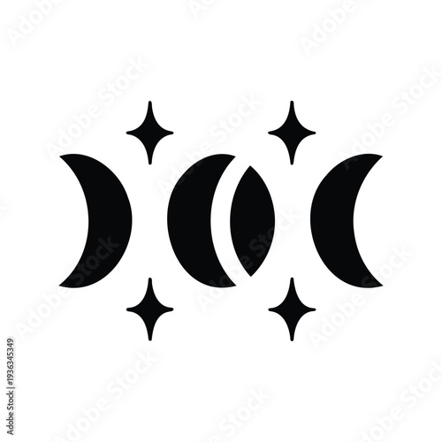 Triple Moon Goddess Symbol with Sparkling Stars in Black and White Design